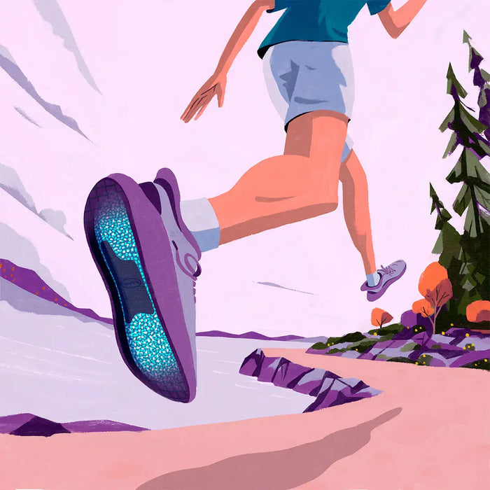 Illustration of a person running on a trail with a focus on a glowing purple shoe.
