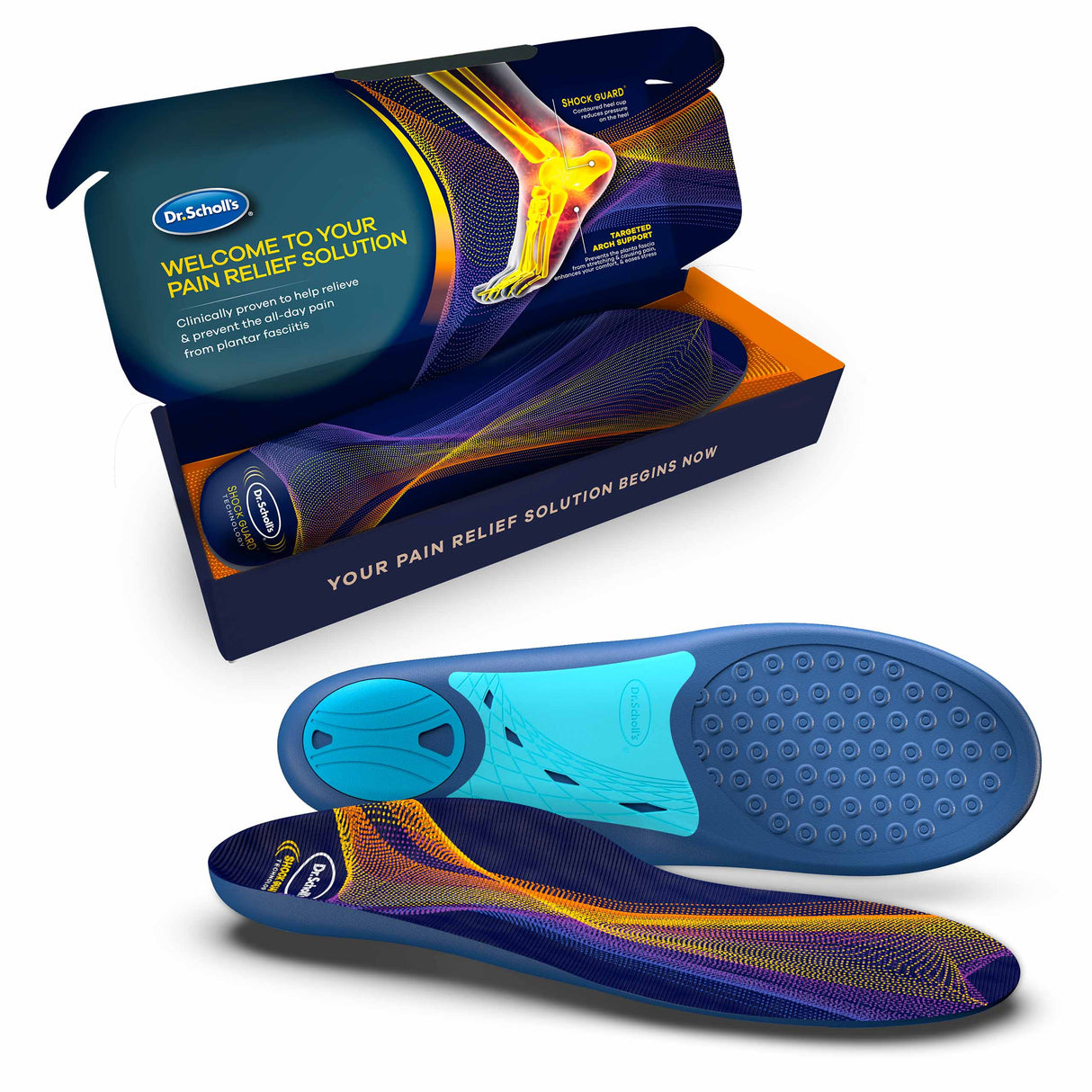 image of sized to fit plantar insoles in and out of package